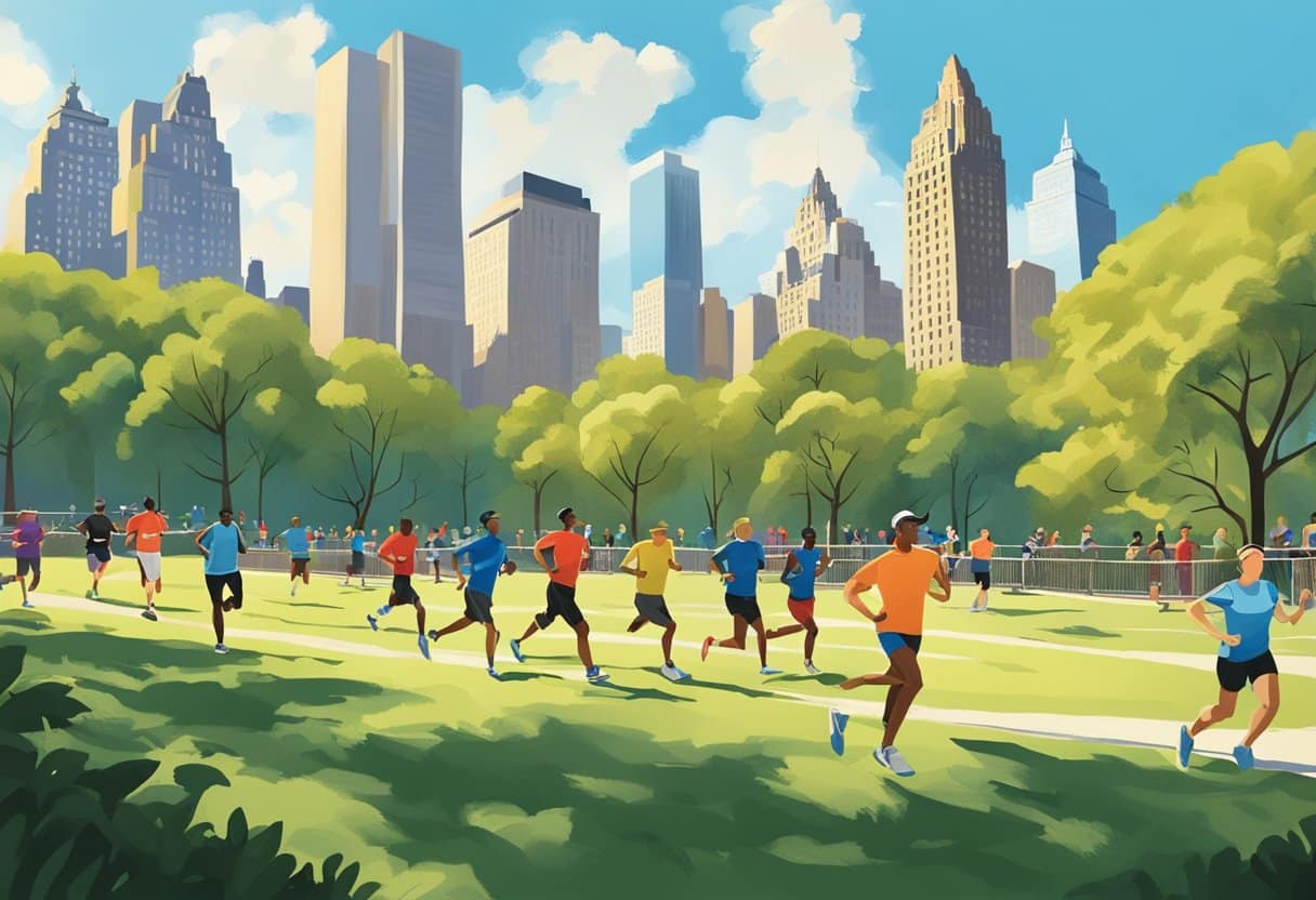 Runners stretching and warming up in Central Park, surrounded by trees and city skyline, with a clear blue sky overhead