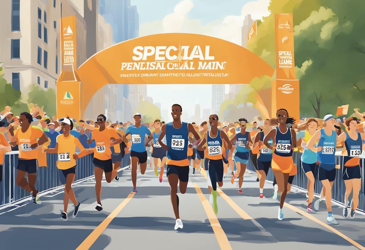 Runners crossing the finish line at the New York Marathon, with cheering crowds and a banner displaying "Special Programs and Initiatives Qualifying"