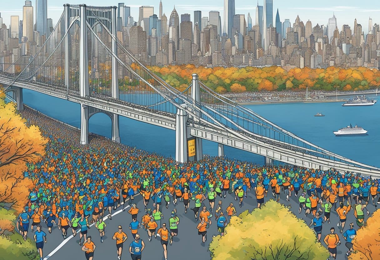 Runners crossing the iconic Verrazano-Narrows Bridge at the start of the NYC Marathon, surrounded by cheering crowds and the city skyline in the background