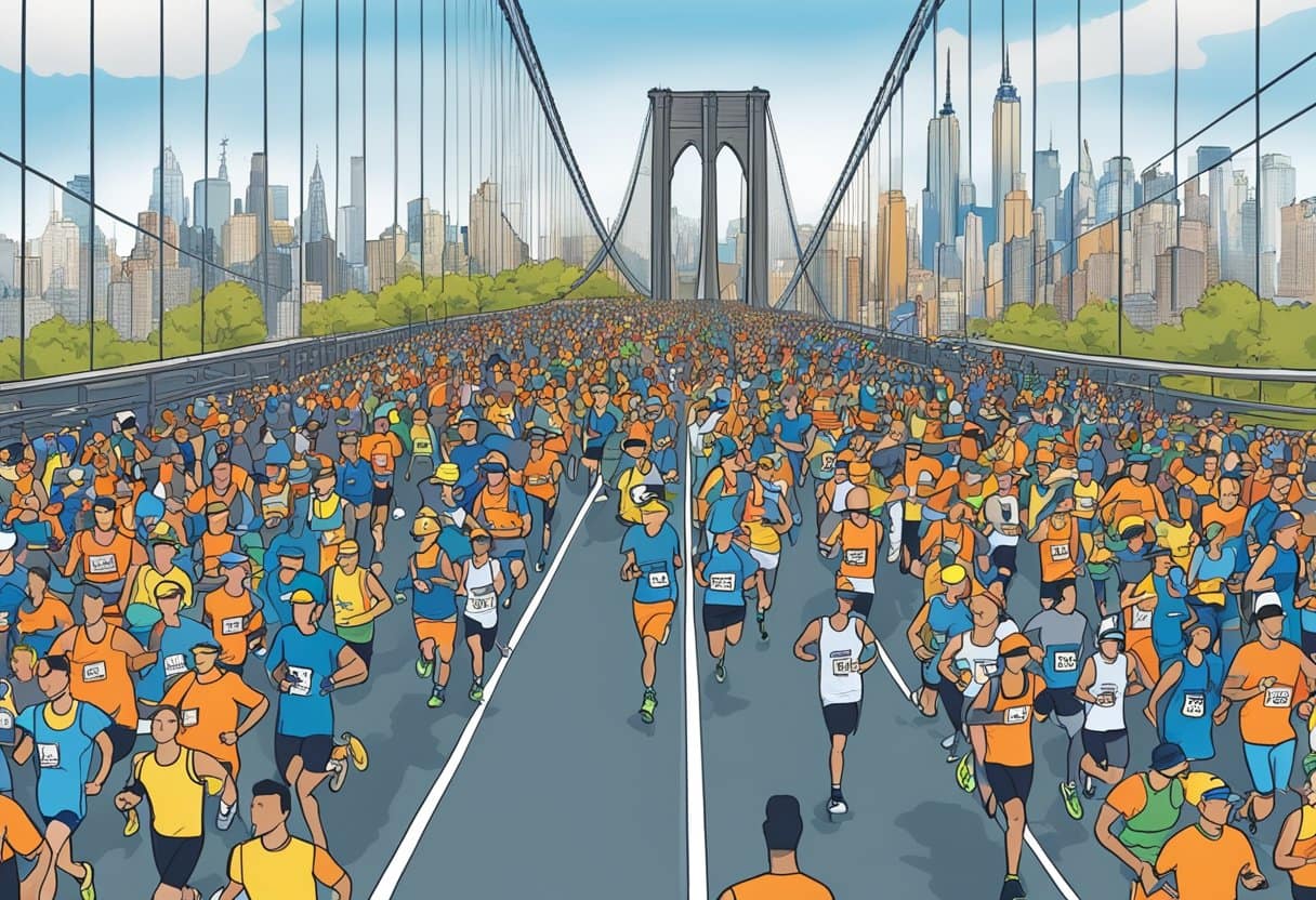 a group of people running on a bridge