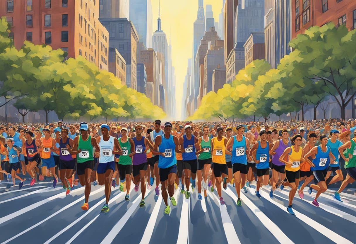 Runners line up at the starting point, eager and determined. The iconic New York City skyline looms in the background as the crowd buzzes with anticipation. The atmosphere is electric, filled with excitement and energy