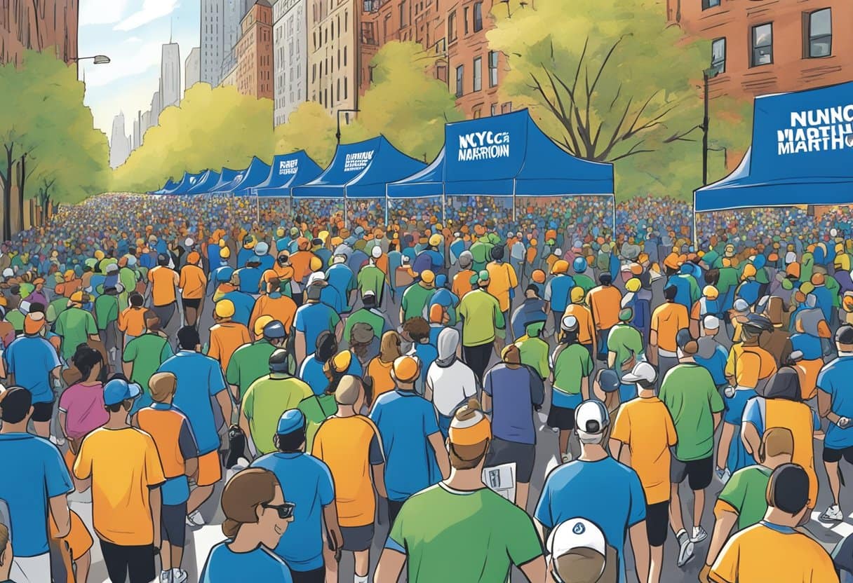 Runners fill the streets, waiting to register for the NYC Marathon. Banners and signs line the entryway, guiding participants toward the registration area. Volunteers hand out race packets and answer questions