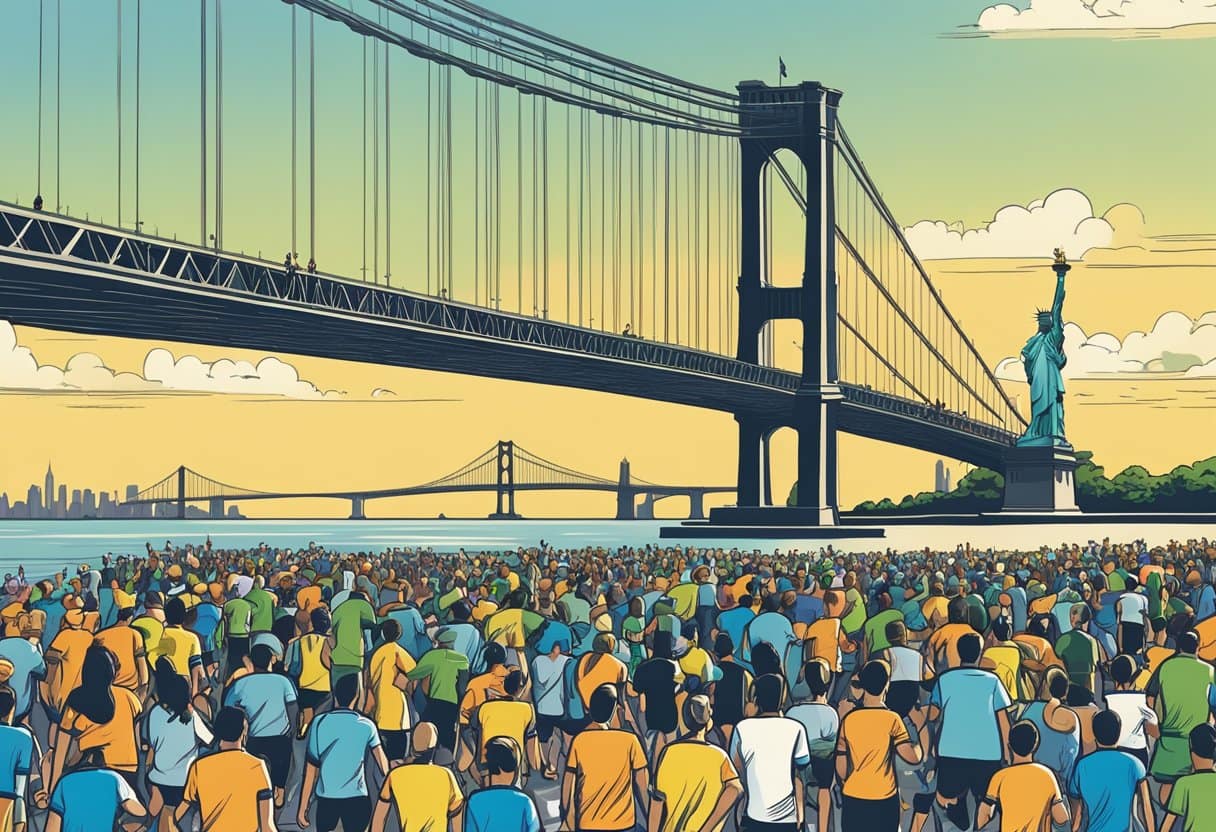 Runners crossing the iconic Verrazzano-Narrows Bridge, surrounded by cheering crowds and city skyline, with the Statue of Liberty in the distance
