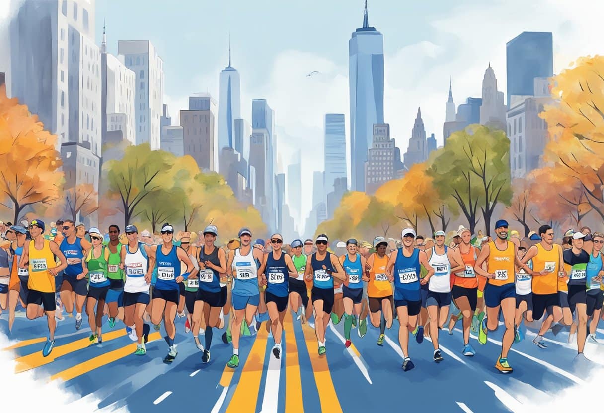 a group of people running in a city