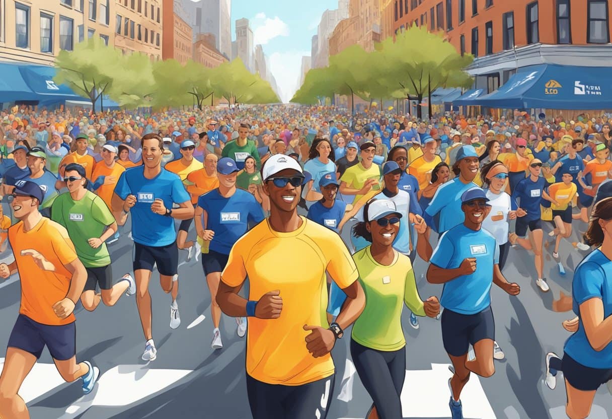 Runners being cheered on by spectators along the New York City Marathon route
