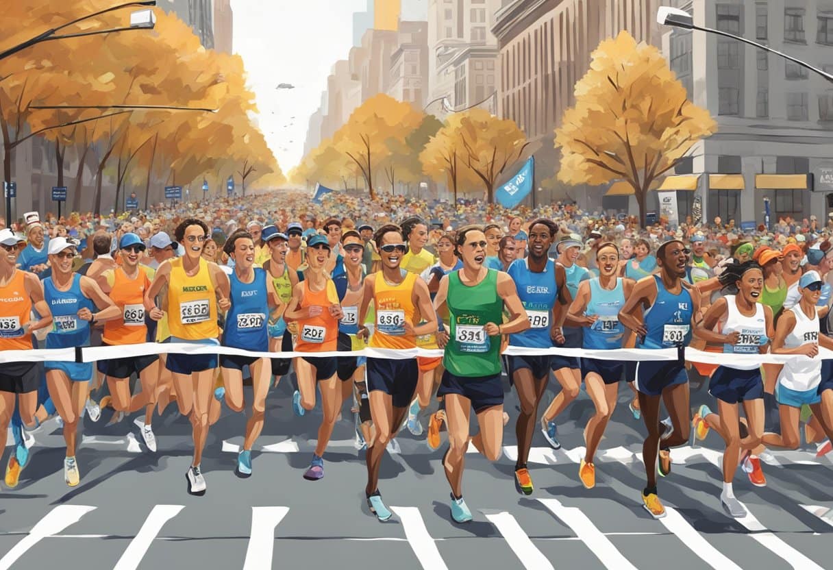 Runners crossing the finish line at the New York City Marathon, with cheering spectators lining the streets