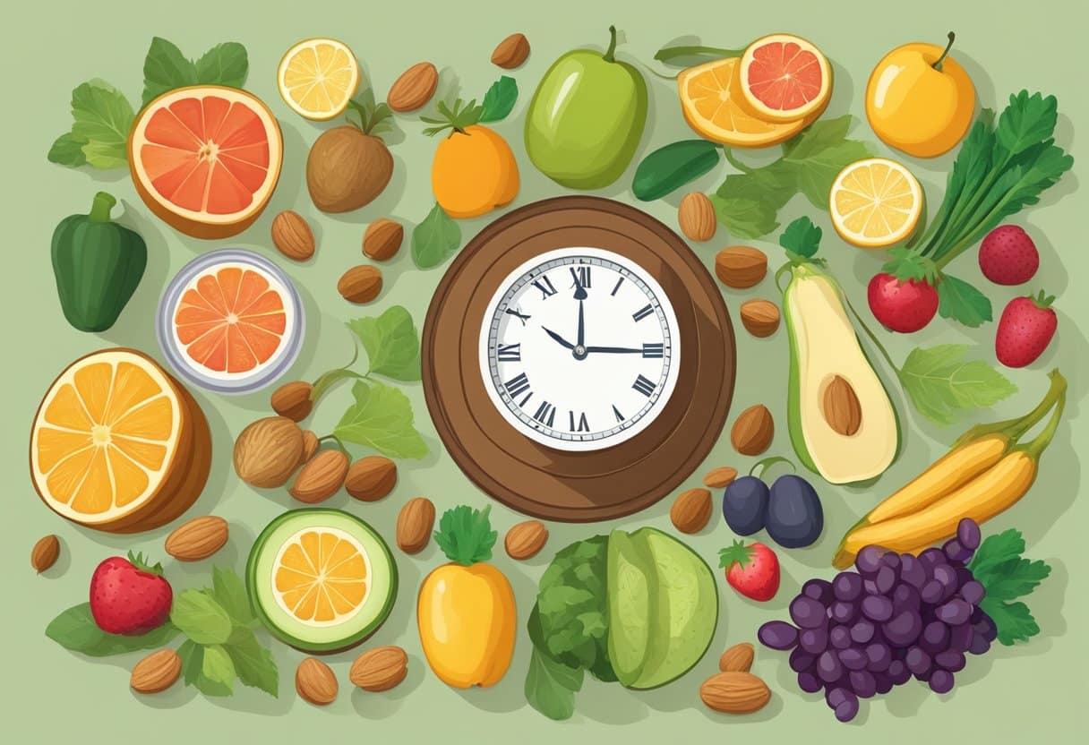 A table with a variety of fruits, vegetables, and nuts laid out, with a clock showing a specific time for fasting