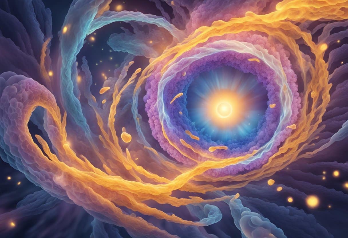 A swirling vortex of cellular debris being engulfed by a glowing, microscopic membrane, representing the process of autophagy during fasting