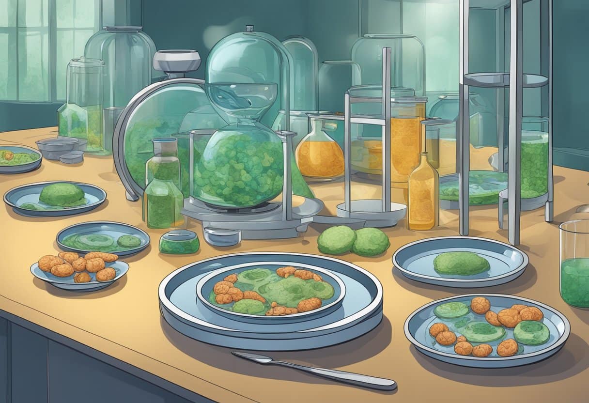 A lab setting with cells undergoing autophagy, surrounded by fasting-related imagery like empty plates and a clock