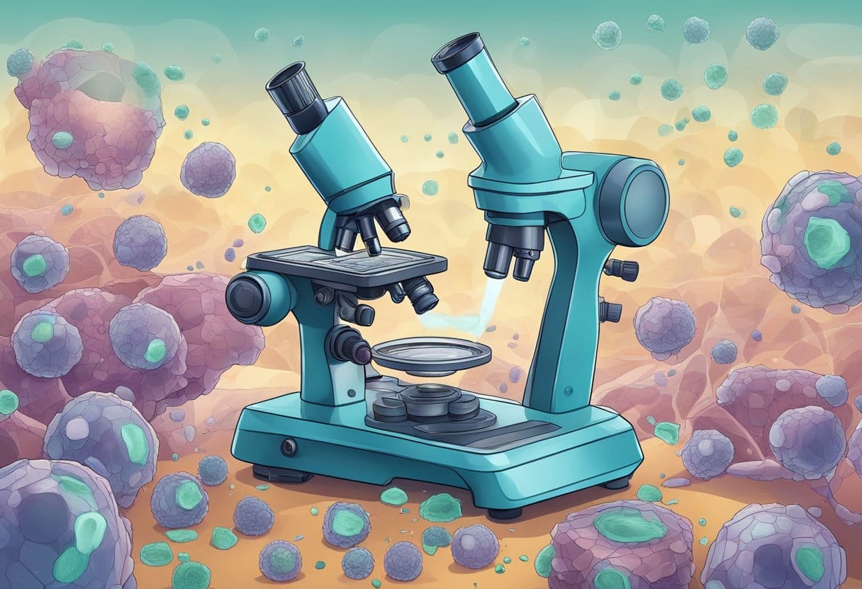A microscope capturing the process of autophagy in action, with cellular structures breaking down and being recycled