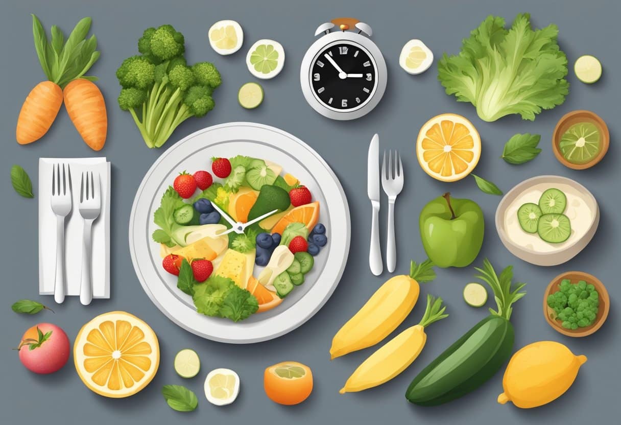 A table set with various healthy foods and a clock showing a specific fasting time