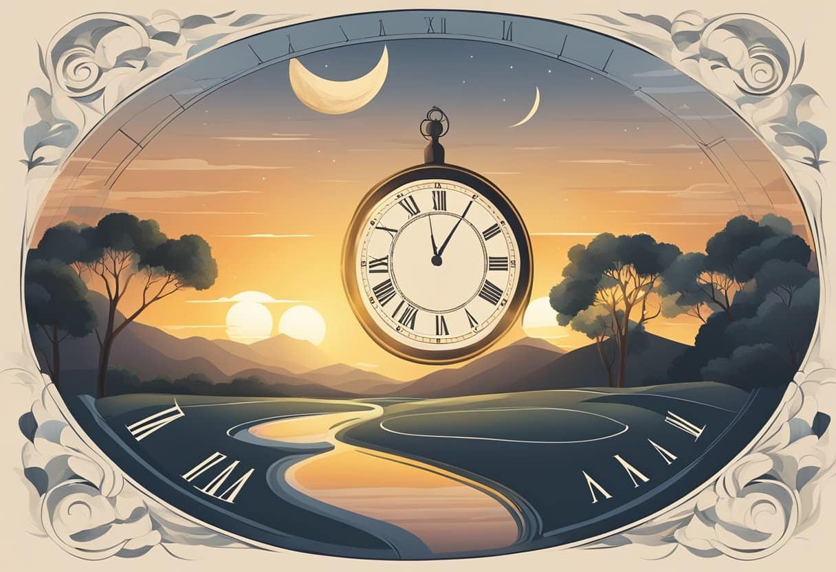 A sun setting over a tranquil landscape, with a clock showing the passage of time, and a moon rising to signify the shift in circadian rhythms