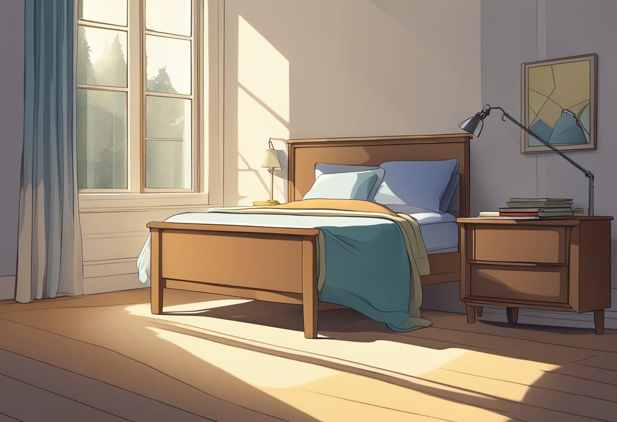 A clock on a bedside table with a beam of light shining through a window, casting a shadow that moves across the room as the day progresses
