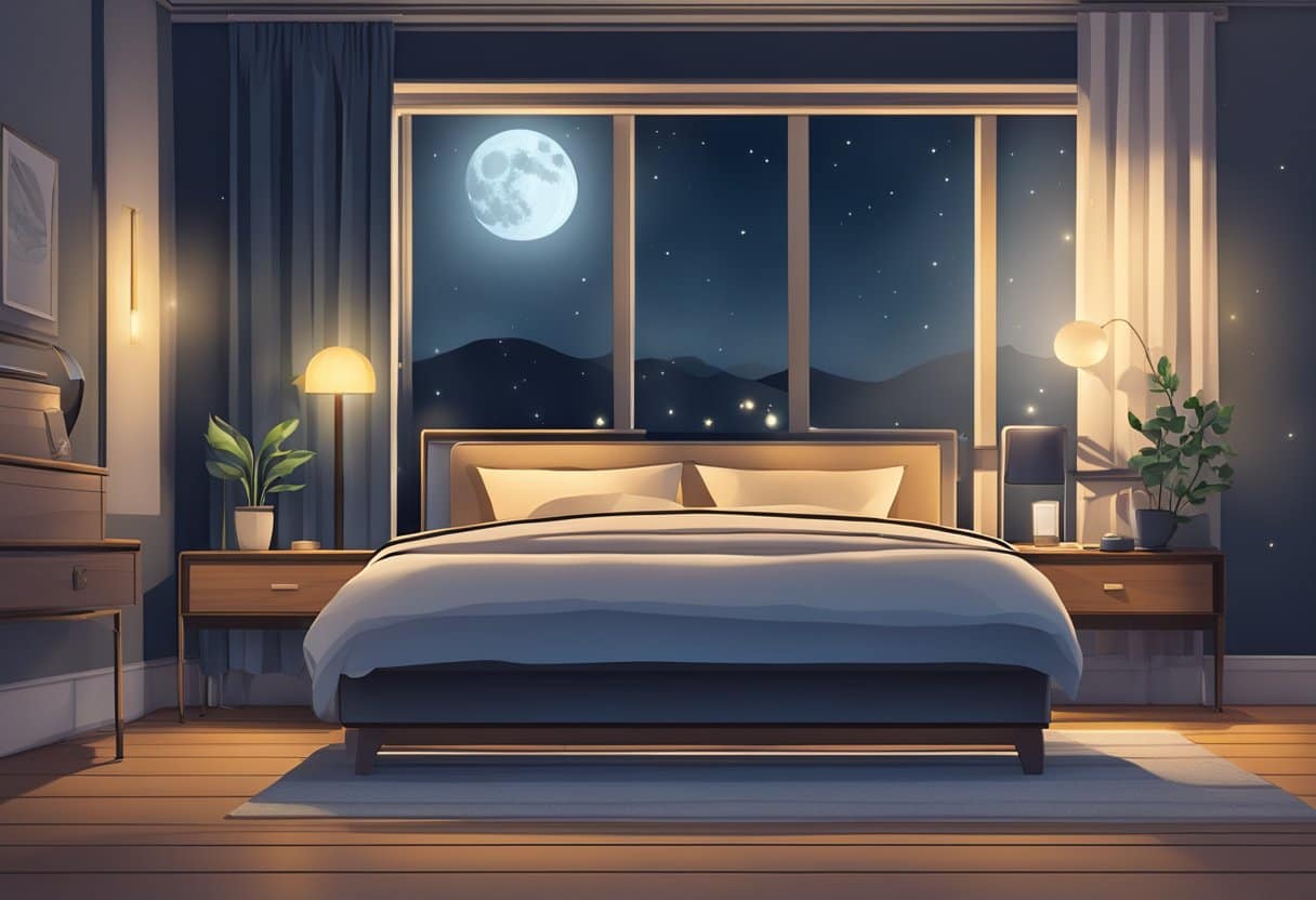 A serene bedroom at night, with a dimly lit lamp casting a soft glow. A clock on the bedside table shows the time, while outside the window, the moon shines in the dark sky
