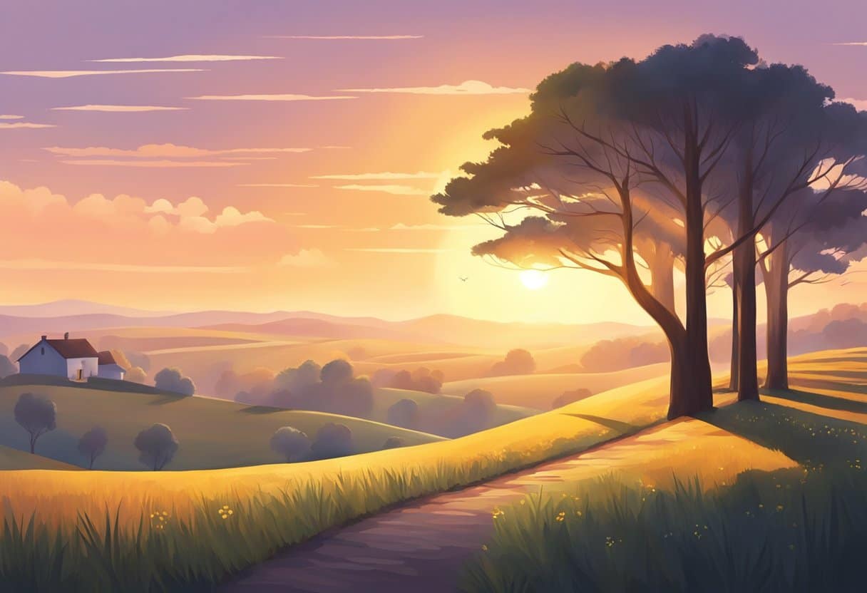 A bright sun rises over a peaceful landscape, casting long shadows and illuminating the natural surroundings. The scene is tranquil, with a sense of balance and harmony, conveying the idea of a well-regulated circadian rhythm