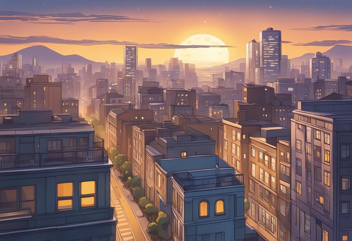 A sun rising over a city skyline, casting warm light on sleeping buildings and streets, while the moon sets in the distance
