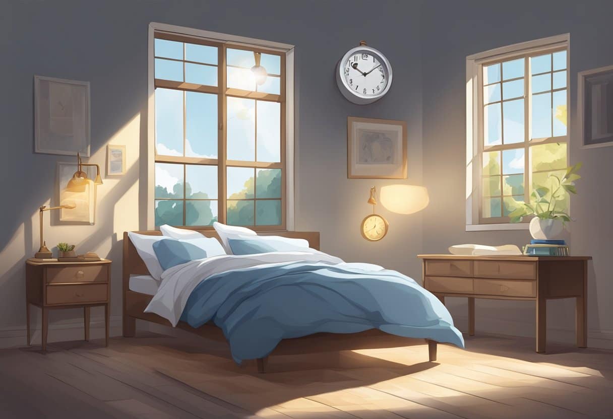 A clock with hands pointing to different times, a bed with rumpled sheets, and a window with both sunlight and moonlight streaming in