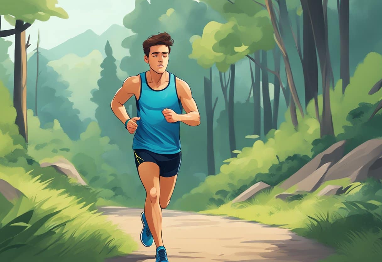 A runner on a trail, breathing heavily, with a determined expression, while checking their heart rate monitor