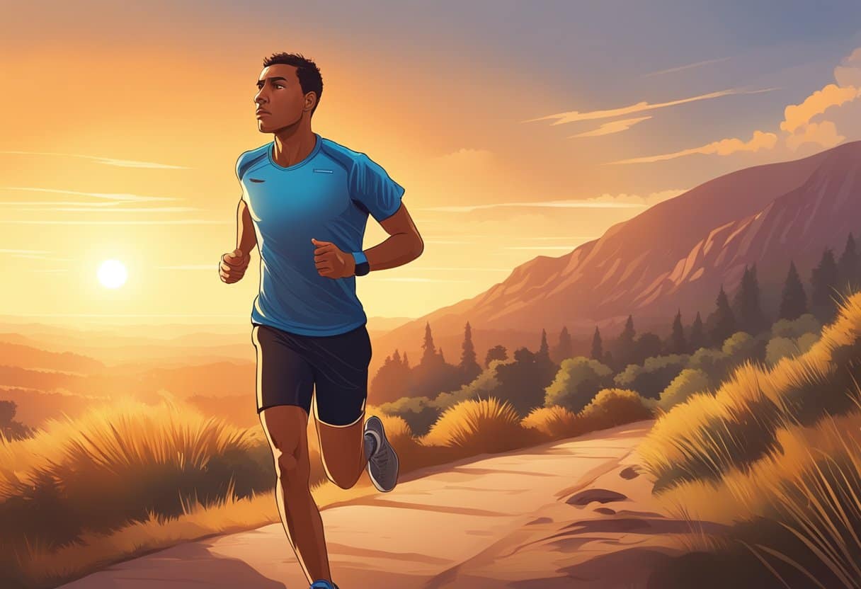 A runner on a trail, breathing heavily, sweat dripping down their face, with a determined expression. The sun is setting, casting a warm glow over the landscape