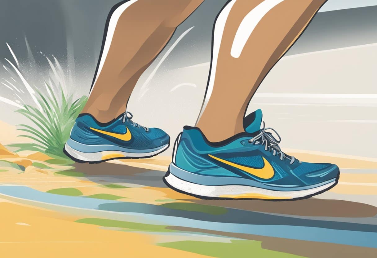A runner's feet pounding on a trail, sweat dripping down their face, as they gauge their exertion level using the RPE scale