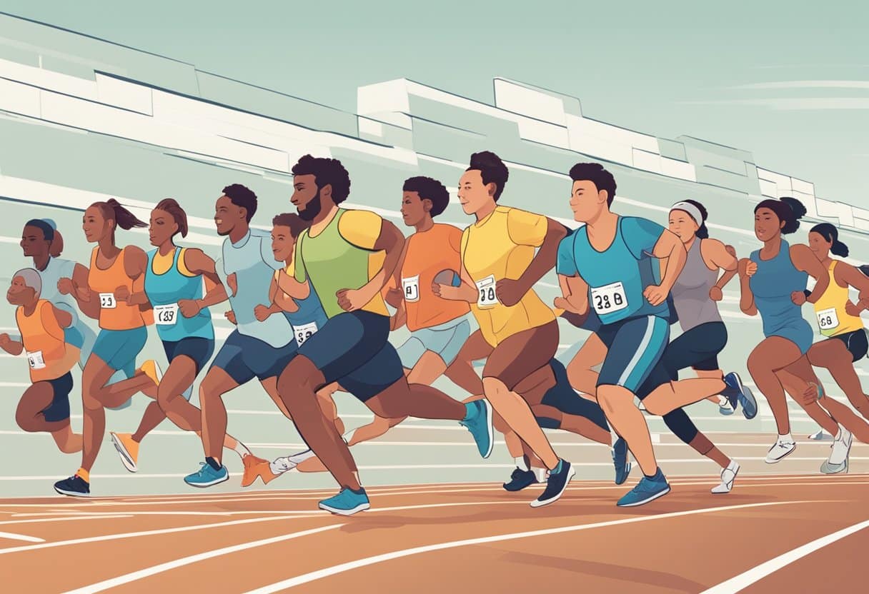 Scene: A group of individuals of varying ages and fitness levels running on a track. Each person shows different levels of exertion, with some appearing relaxed and others pushing themselves to the limit