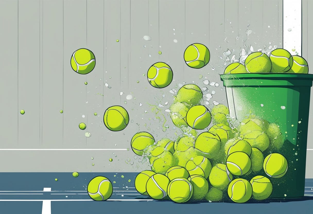 Tennis balls bouncing on the court, being hit against the wall, and being caught in a bucket