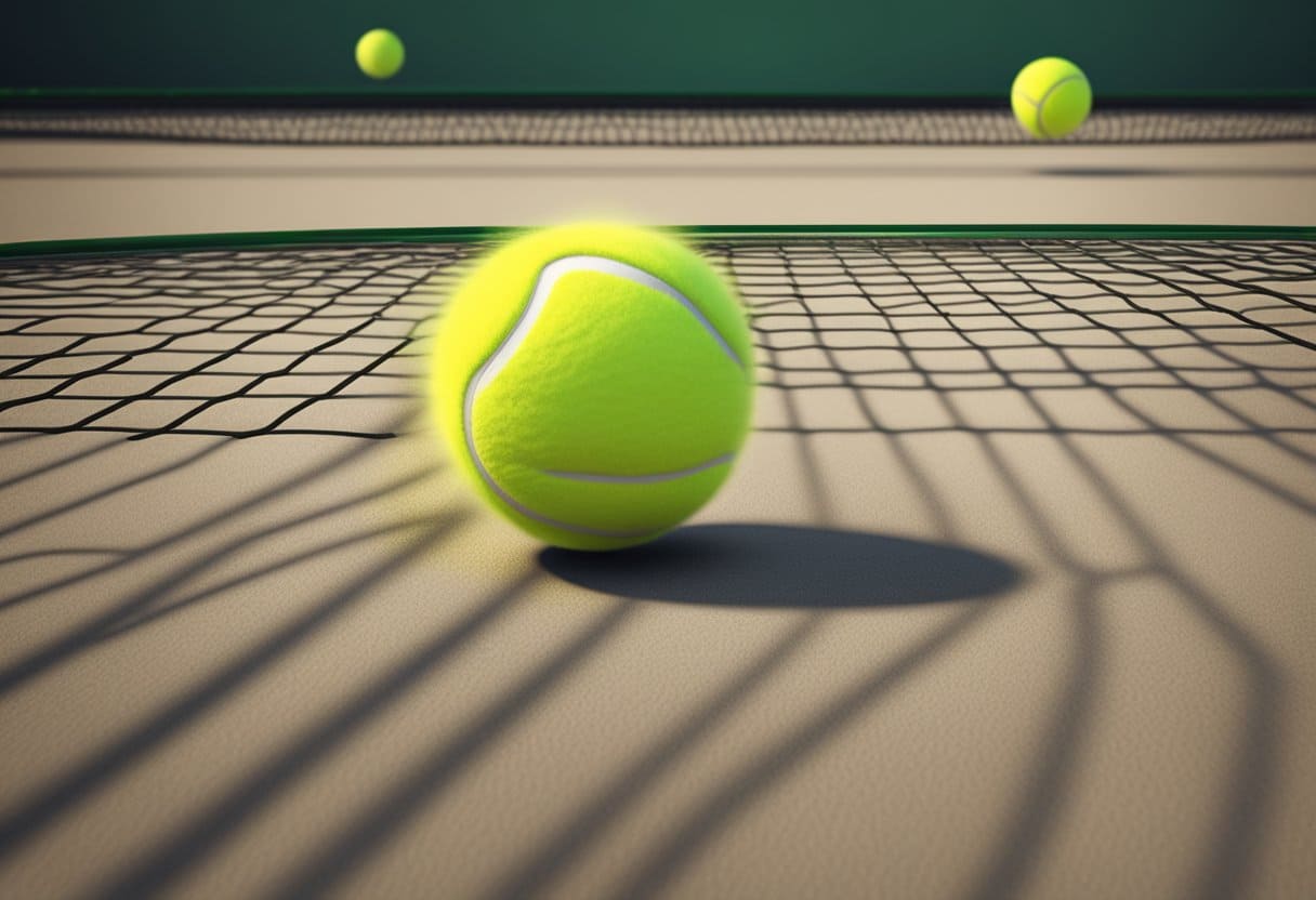 Tennis balls bounce on the ground, as they are struck by a racket. The balls move quickly, requiring precise timing and coordination