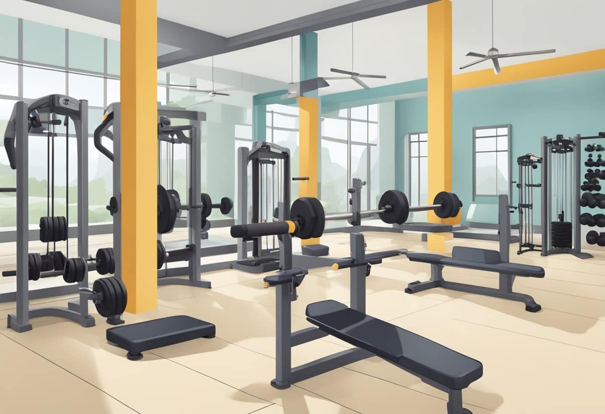 A gym with various free weights scattered on the floor, while machines sit unused in the background. A trainer demonstrates proper form with free weights, showcasing their versatility and functional benefits
