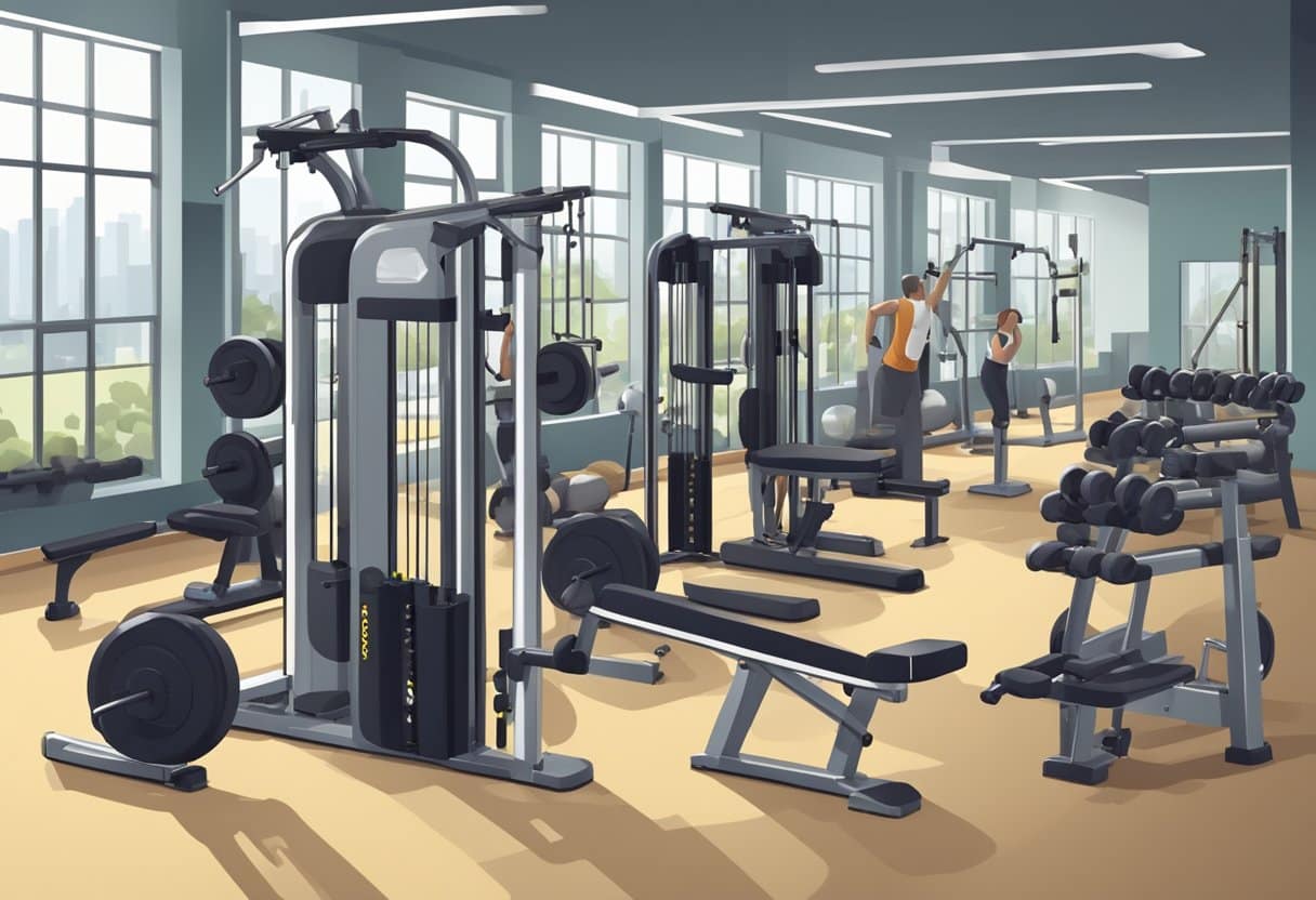 A gym with free weights and machines. People using free weights for various exercises. Machines are unused. Demonstrates versatility and adaptability of free weights