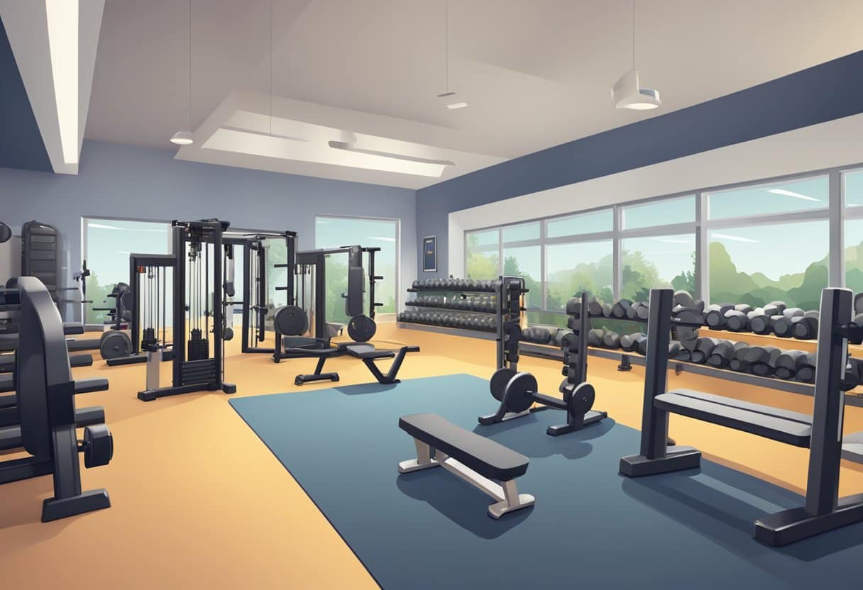 Free weights arranged in a gym, with machines in the background. Focus on the variety of free weight options and the open space for movement