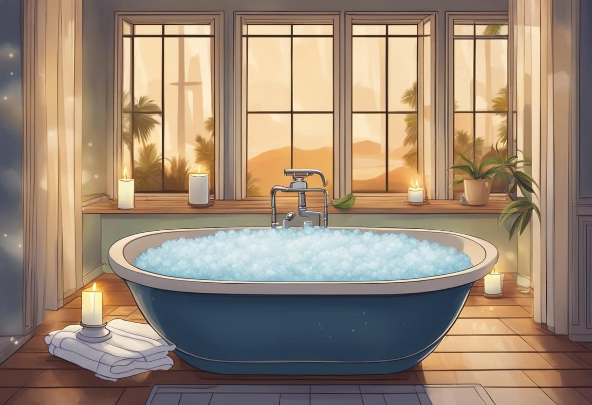 A bathtub filled with Epsom salts, surrounded by candles and a towel, with steam rising from the warm water