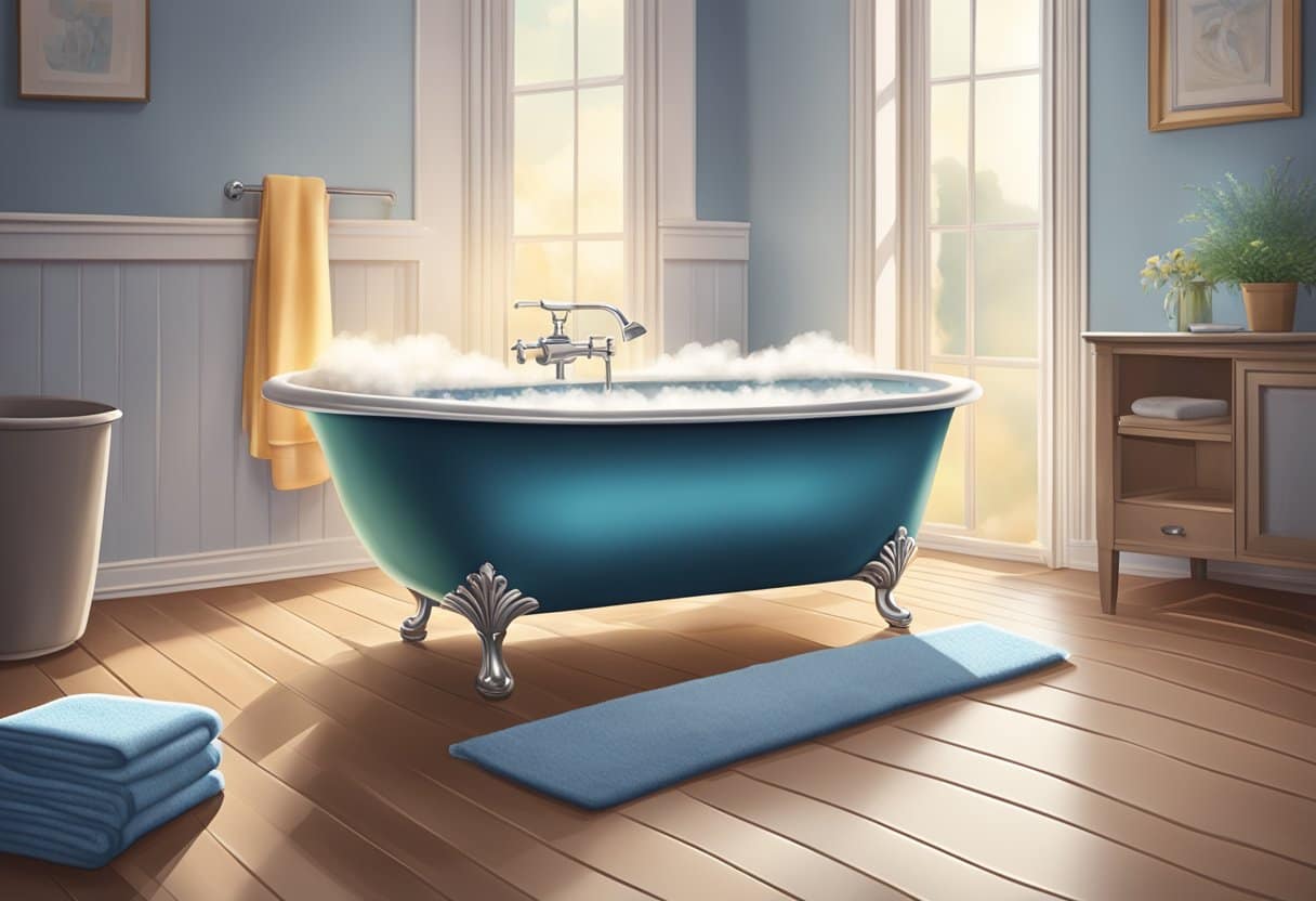 A bathtub filled with Epsom salts, with steam rising from the warm water, surrounded by towels and a serene atmosphere