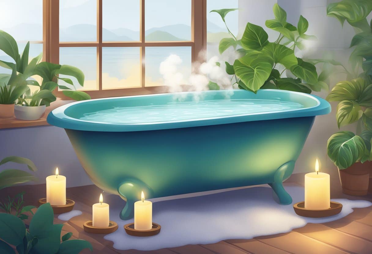 A bathtub filled with Epsom salt, surrounded by candles and plants, with steam rising from the water