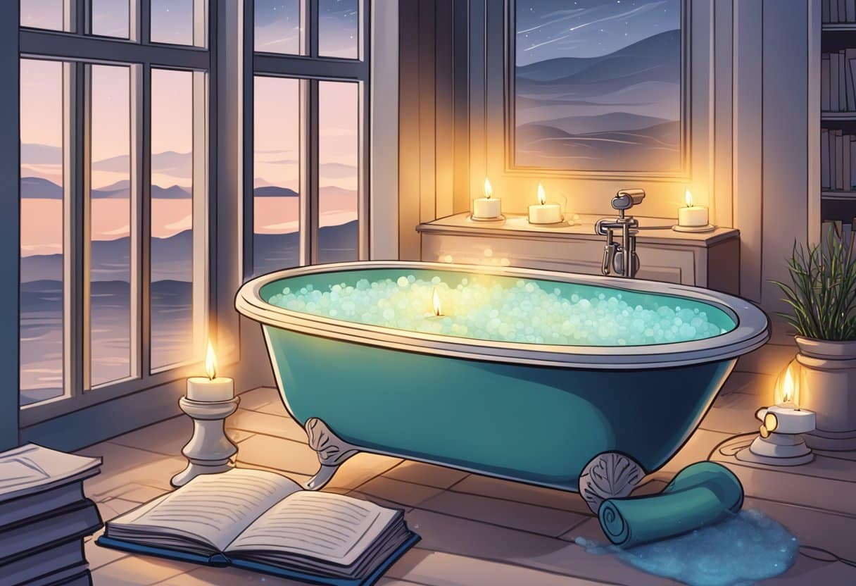 A bathtub filled with Epsom salt, surrounded by candles and a book. Steam rises from the water, creating a relaxing atmosphere for recovery
