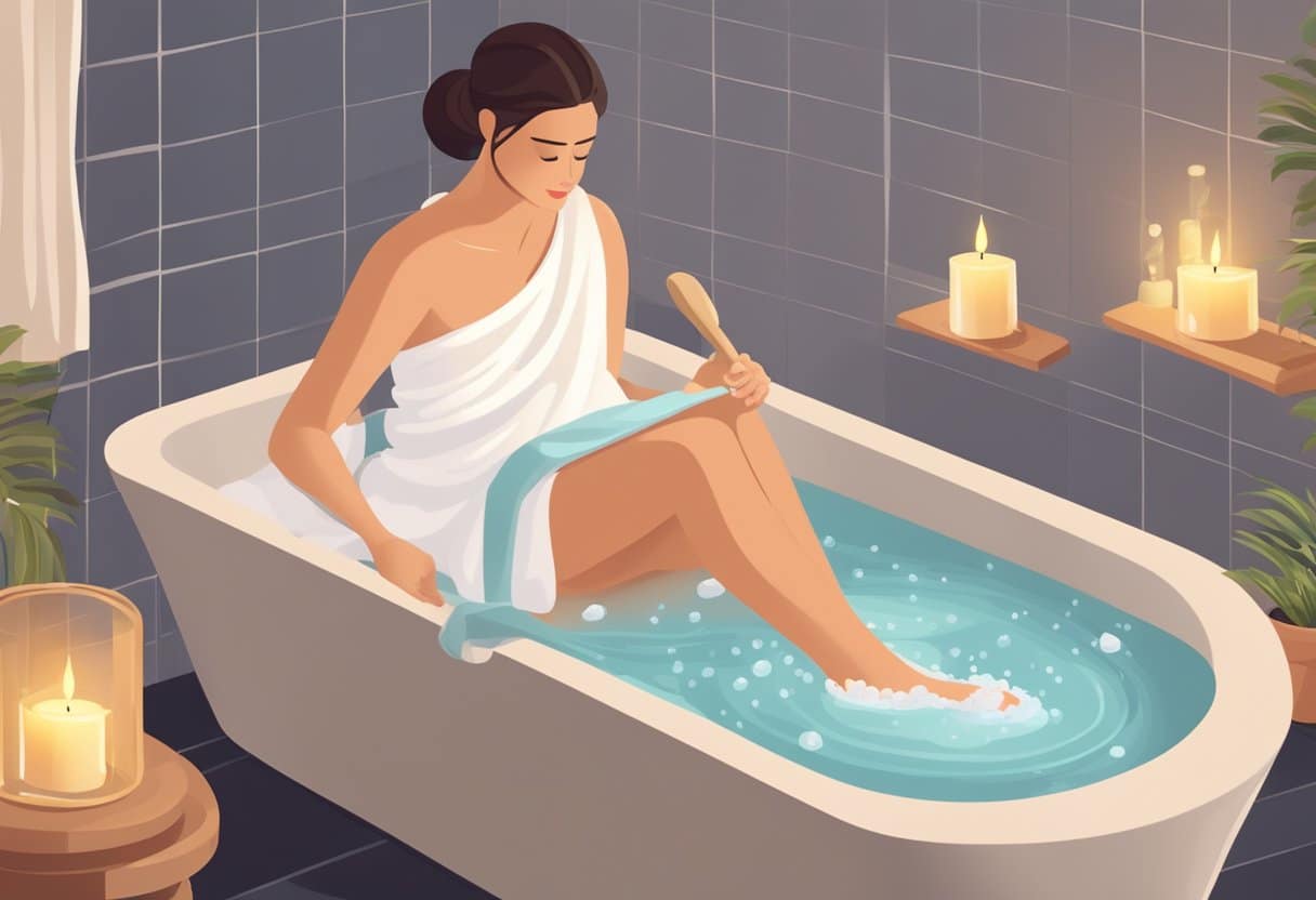 A person pouring Epsom salt into a warm bath, with a towel and candle nearby for relaxation and recovery