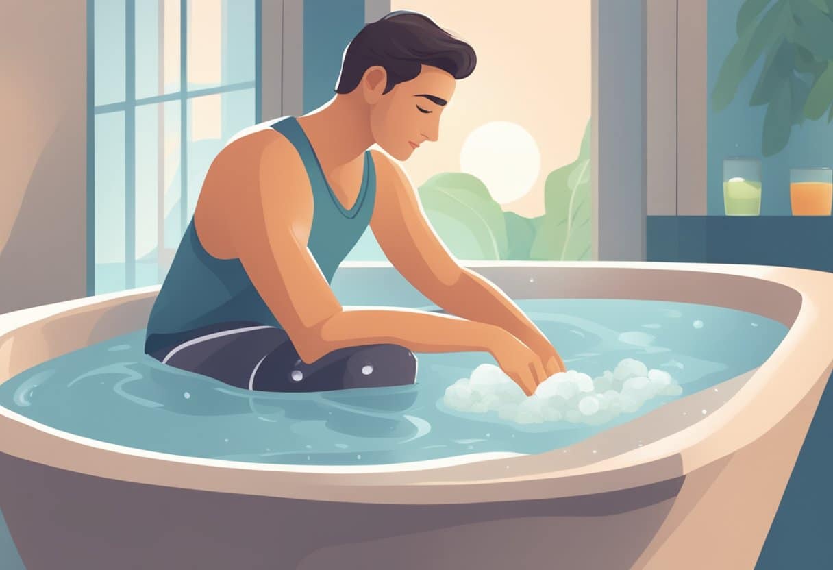 A person soaking in an Epsom salt bath after a workout, with a towel nearby and a serene expression on their face