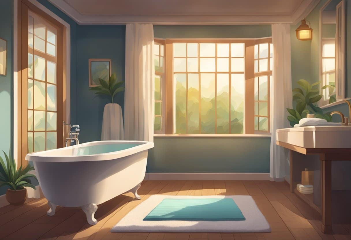 A bathtub filled with warm water and Epsom salt, a towel and robe nearby, a relaxing atmosphere with dim lighting and soothing music