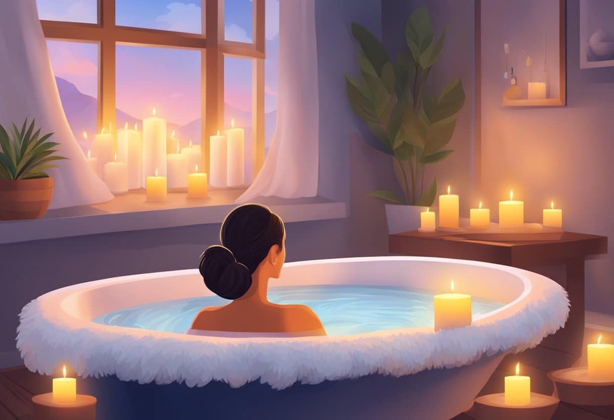 A bathtub filled with Epsom salt, surrounded by candles and a fluffy towel. A person rests nearby, eyes closed in relaxation