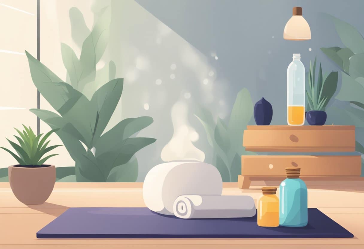 A diffuser emits essential oils in a serene post-workout setting, with a yoga mat, water bottle, and towel nearby. The room is bathed in soft, natural light, creating a calming atmosphere