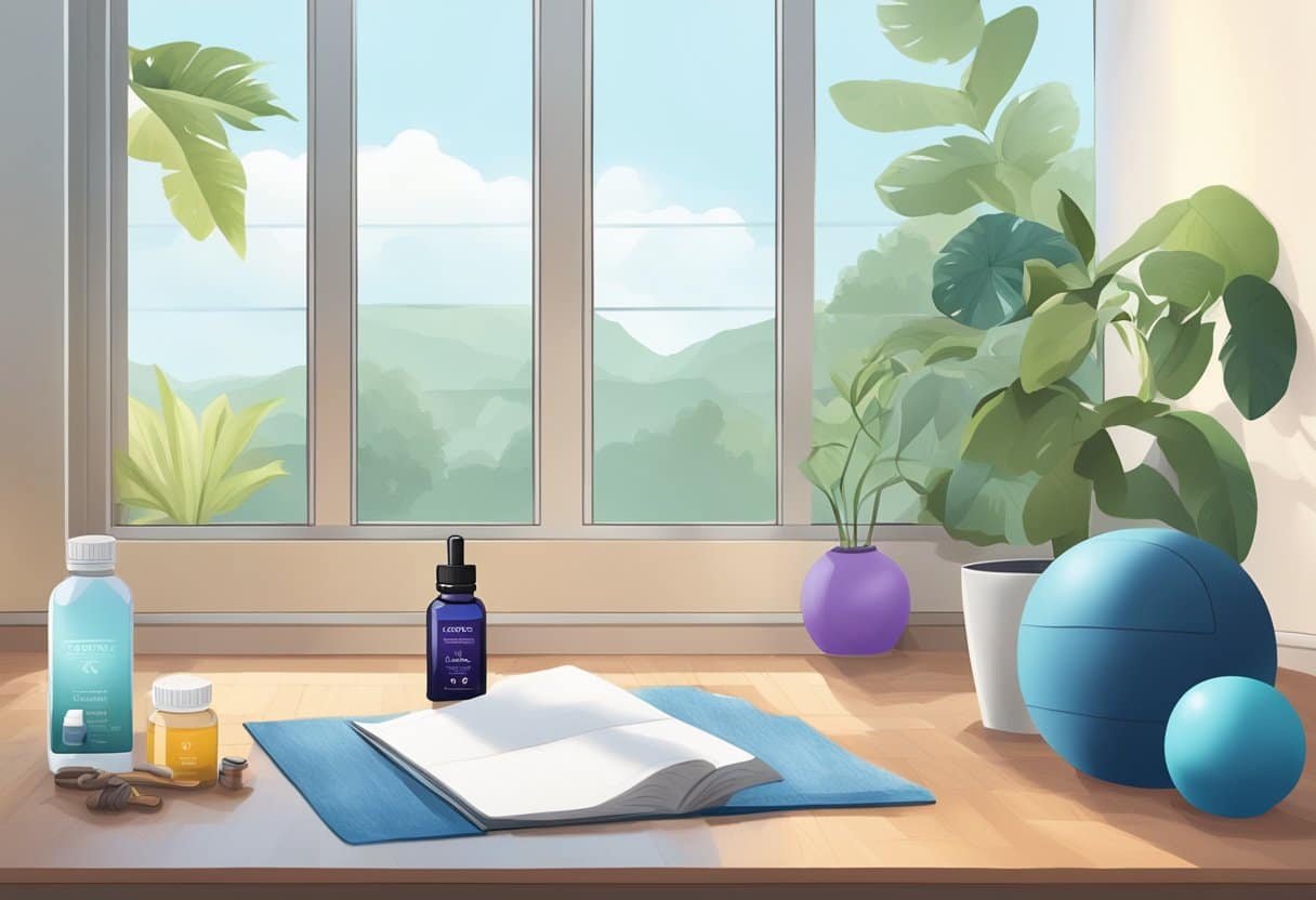 A serene setting with essential oils and a diffuser, surrounded by workout equipment and a water bottle, creating a calming post-workout recovery atmosphere