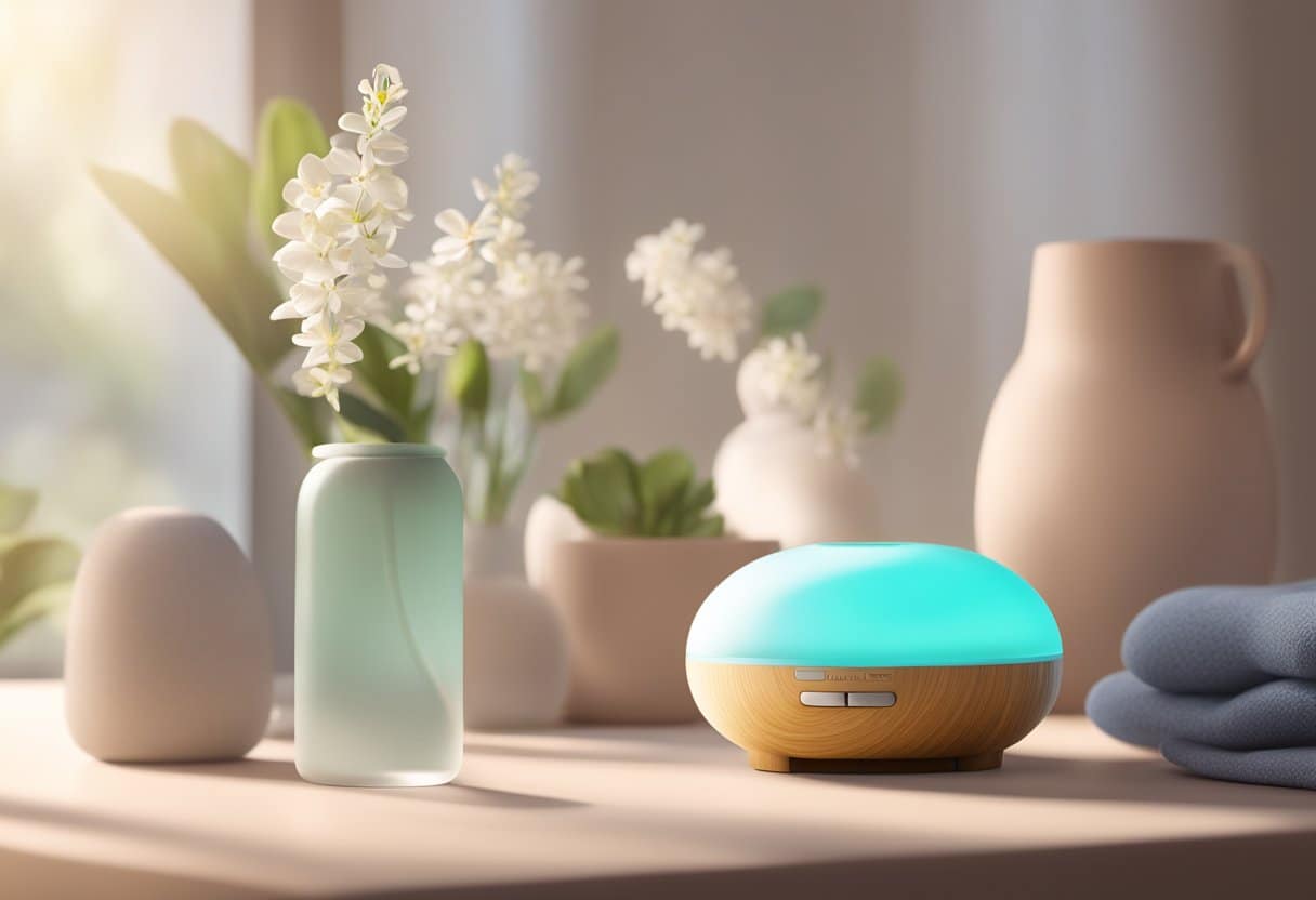 A diffuser releasing essential oils in a serene post-workout setting, with soft lighting and calming colors
