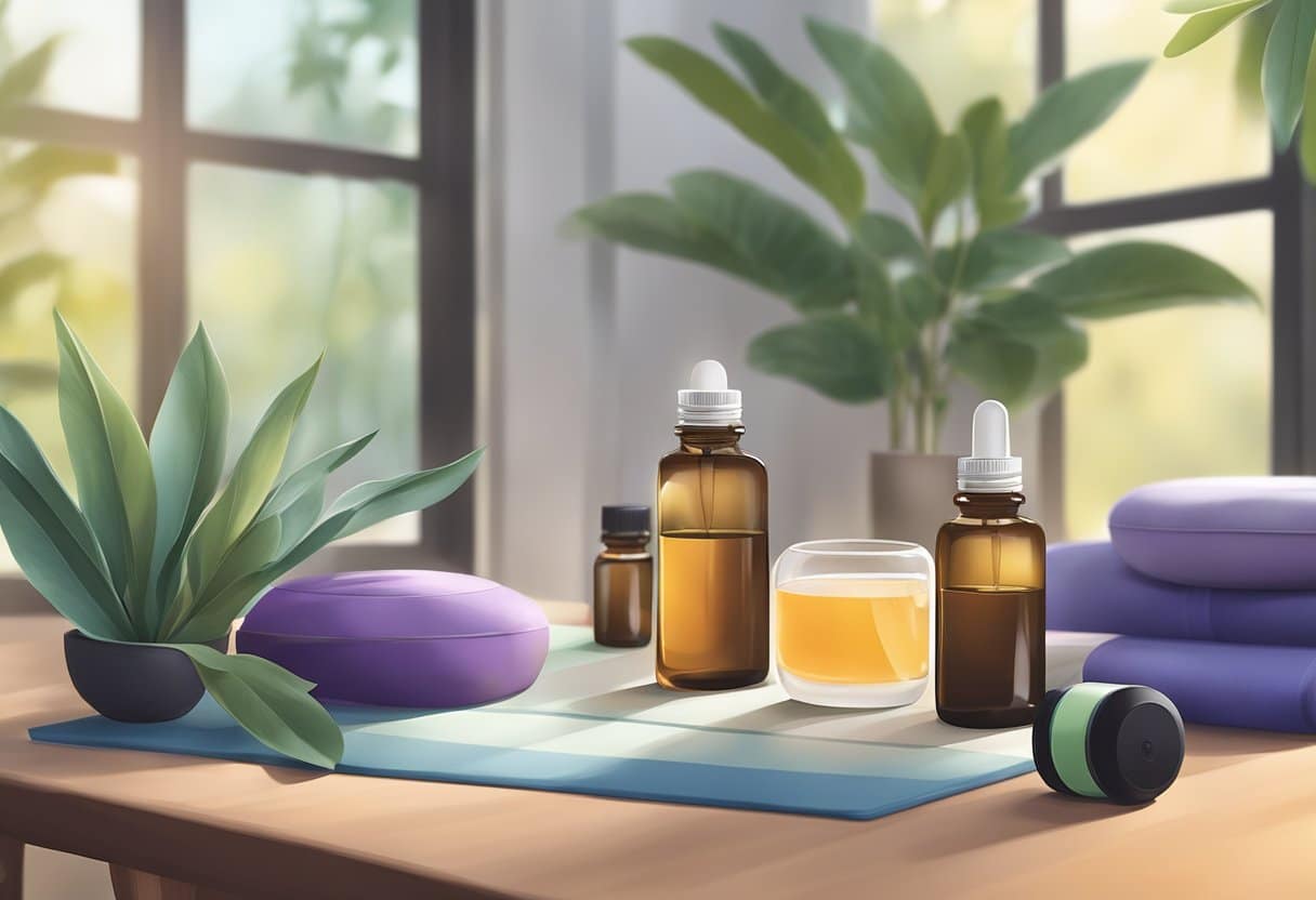 A serene setting with essential oils and diffusers placed on a table, surrounded by workout equipment. Soft lighting enhances the calming atmosphere, inviting relaxation and recovery