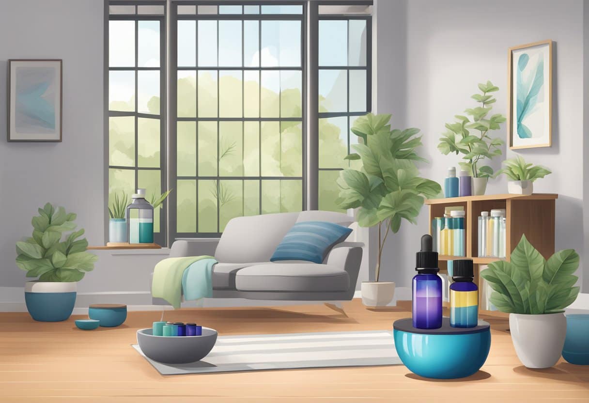 A serene post-workout setting with essential oils and diffusers, emphasizing a focus on dietary considerations for enhanced recovery