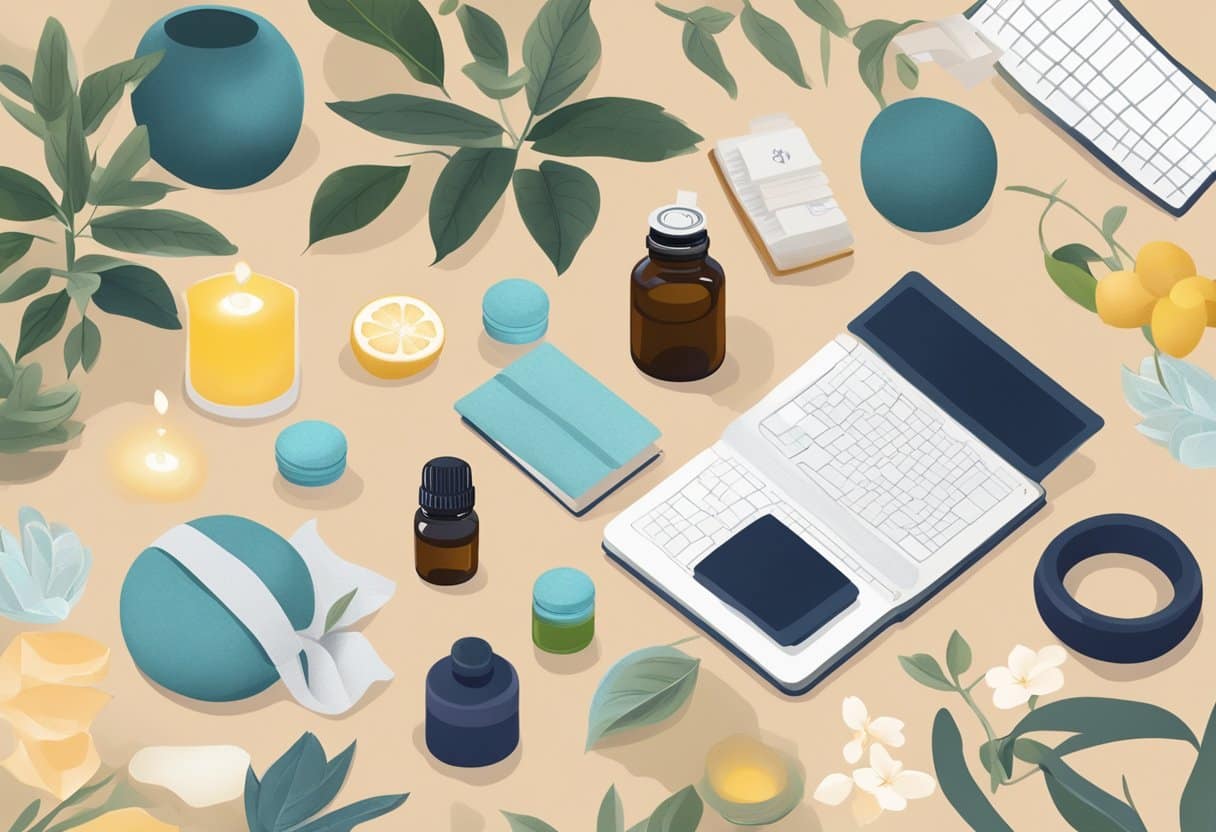 A serene setting with essential oils and diffusers, surrounded by post-workout recovery resources