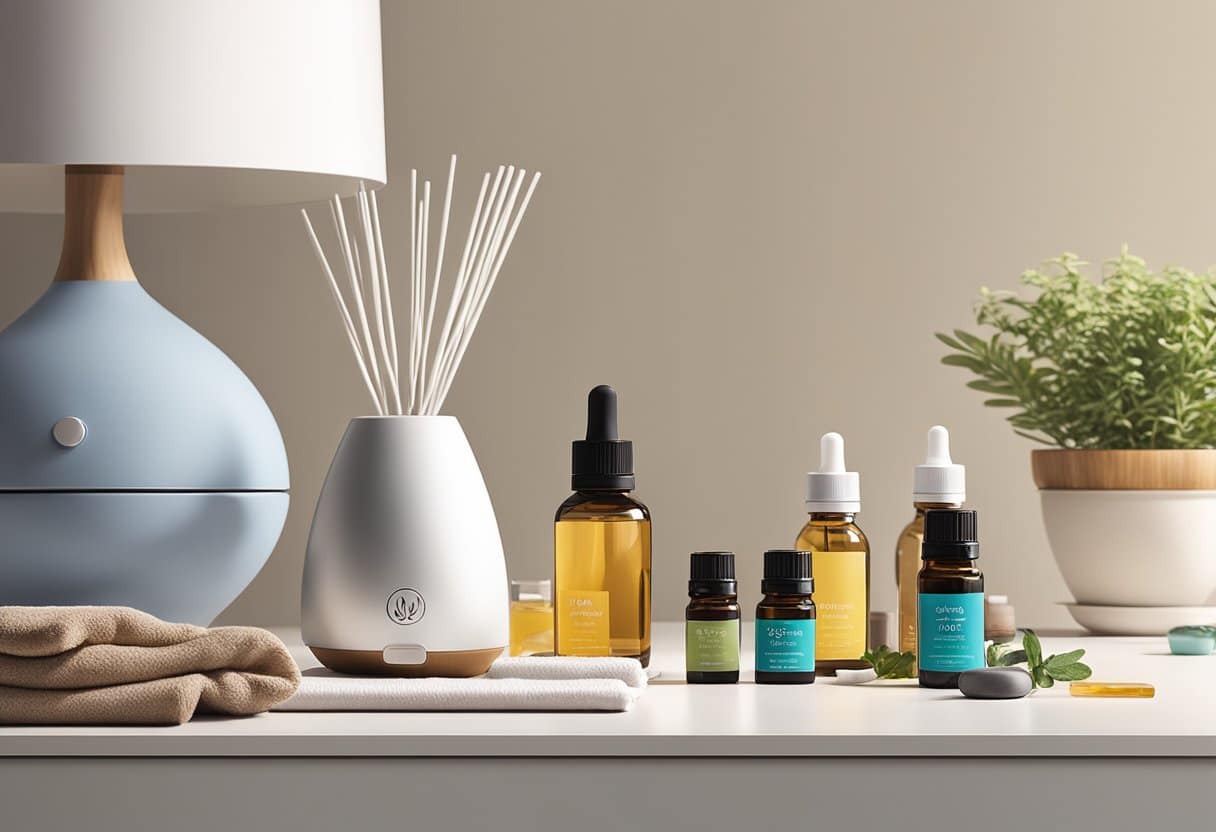 A diffuser sits on a clean, clutter-free surface surrounded by various essential oil bottles. A towel and water bottle suggest a post-workout setting. The room is well-lit and inviting