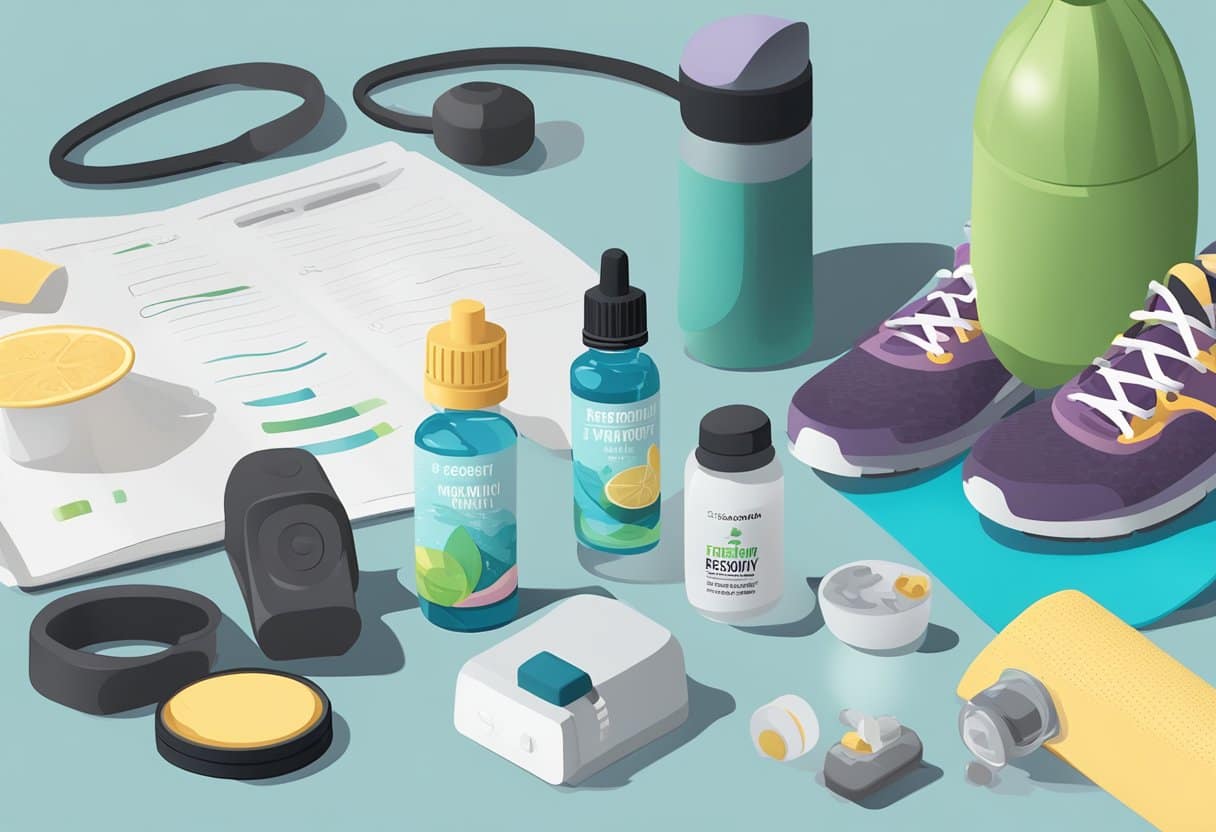 A diffuser emitting essential oils surrounded by workout equipment and a water bottle, with a post-workout recovery guide open nearby