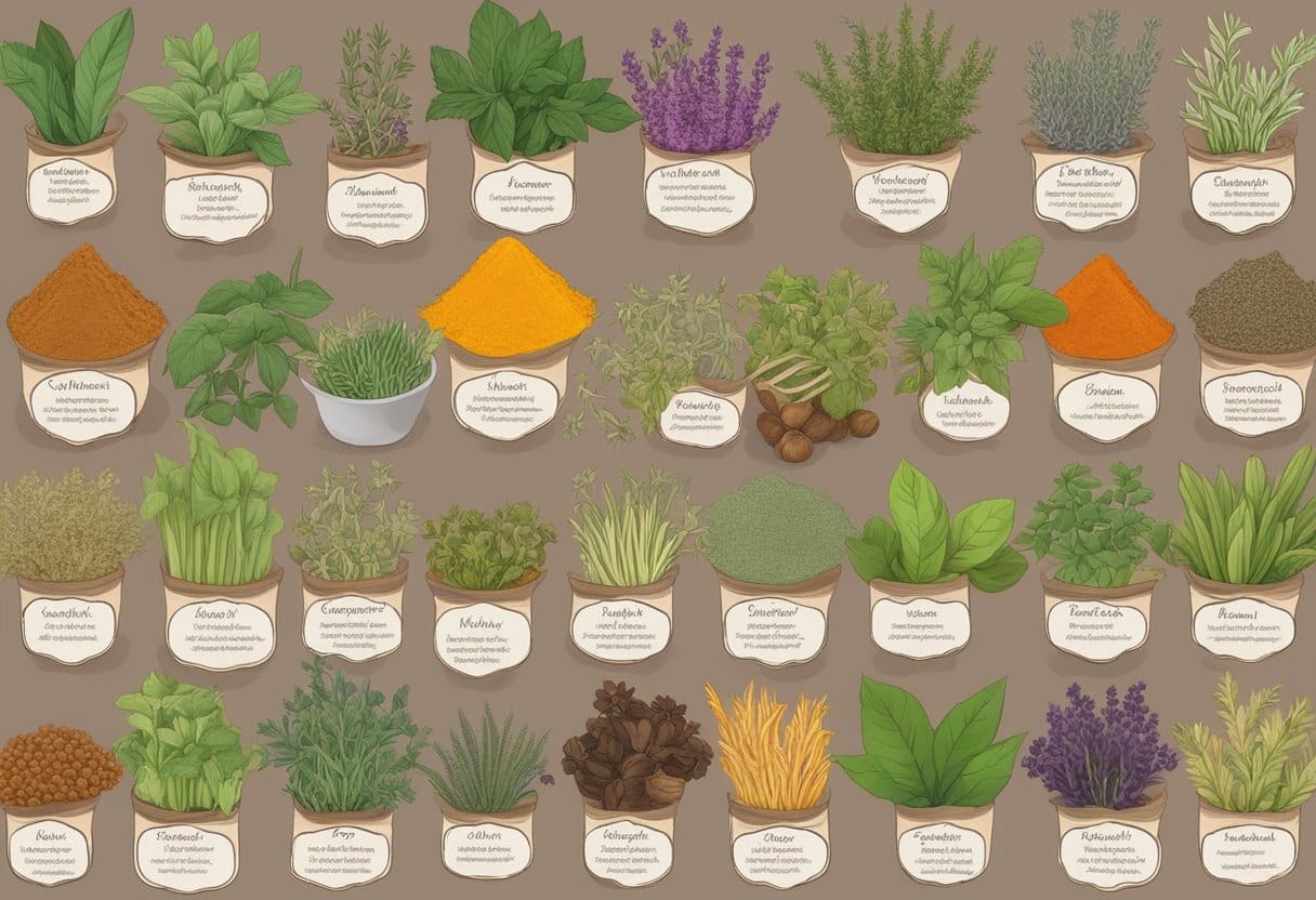 A variety of healing herbs and spices arranged in a colorful and vibrant display, with labels indicating their names and health benefits