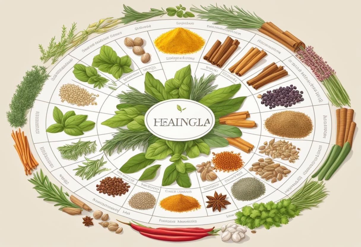 A variety of colorful herbs and spices arranged in a circular pattern, radiating outward from a central point, with labels indicating their healing properties