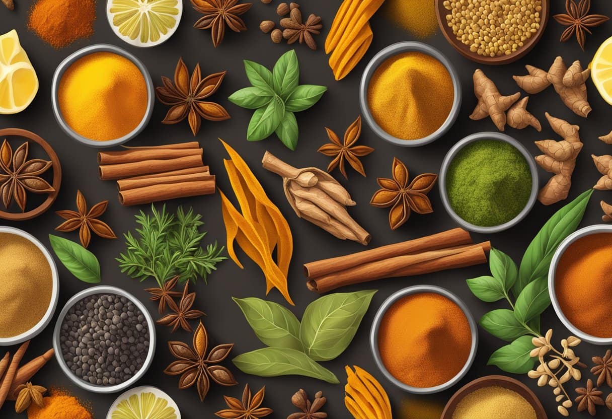 A colorful array of culinary spices and herbs, including turmeric, cinnamon, and ginger, arranged in a vibrant and enticing display