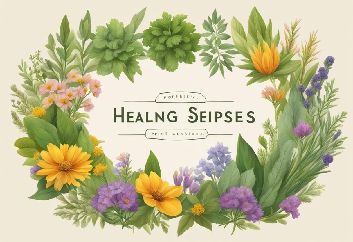 A variety of healing herbs and spices are arranged in a circle, each labeled with their names. The scene is set against a backdrop of a serene garden with colorful flowers and lush greenery